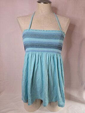 Old Navy Y2K Smocked Strapless Halter Top Womens XS Teal Babydoll Tank 2010s